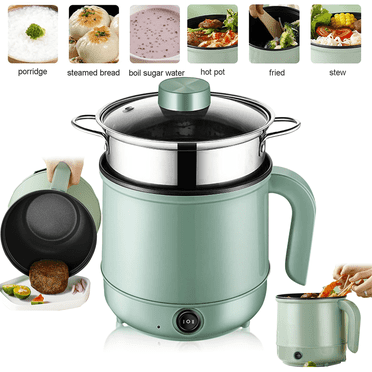 Jowenia Electric Hot Pot with Steamer, 1.7L Non-Stick Portable Mini Hot Pot Multifunctional Ramen Cooker with Dual Power Control, Steam and Heating Boil Dry Protection, Green