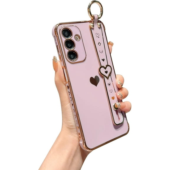 Compatible with Samsung Galaxy A34 5g Phone Case with Aesthetic Cute Love Heart Wrist Strap Kickstand Luxury Plating Side Elegant Heart Pattern Soft Shockproof Stand Holder Bumper (Purple)