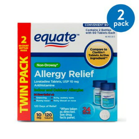 (2 Pack) Equate Non-Drowsy Allergy Relief Loratadine Tablets, 10 mg, 60 Ct, 2