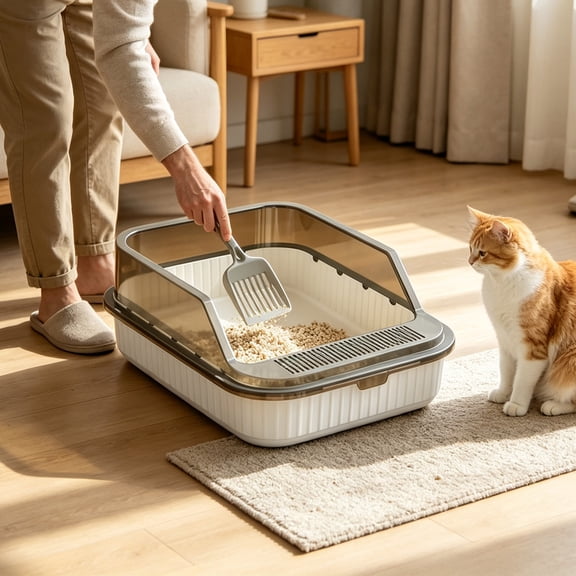 Open Cat Litter Box, Anti-Splashing Cat Toilet with Litter Sifting Scoop, Prevent Sand Leakage, Semi-Enclosed Kitten Litter Box (1PC, White)