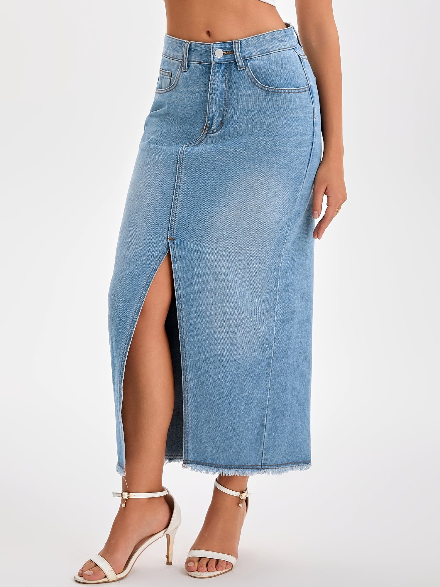 DARING DIVA Women's Denim Split Front Raw Hem Washed Maxi Jean Skirts Large Light Blue