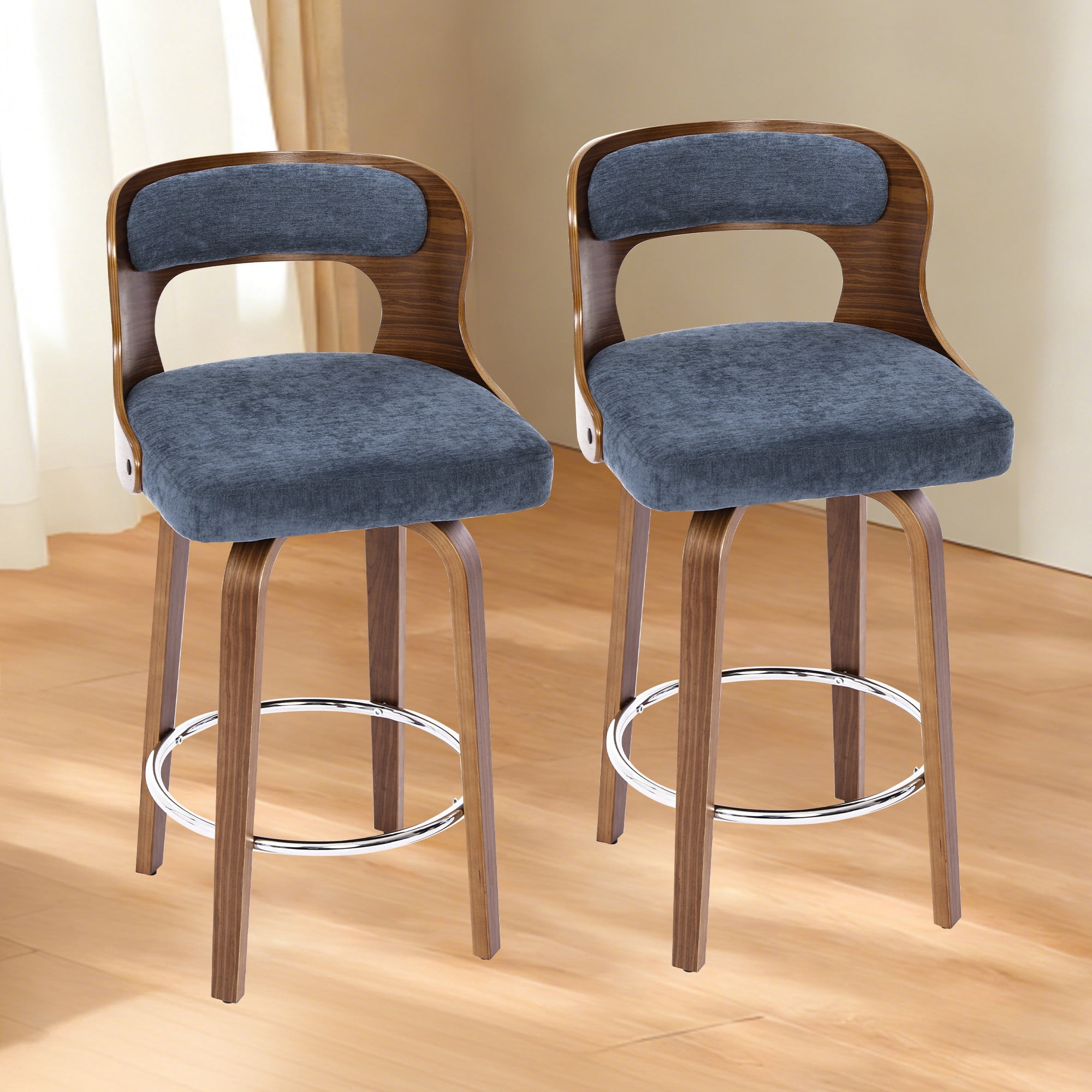 FANCROU 26 inch Swivel Counter Height Bar Stools Set Of 1, Linen Fabric Seat , Bentwood Walnut Color Back And Legs, Blue