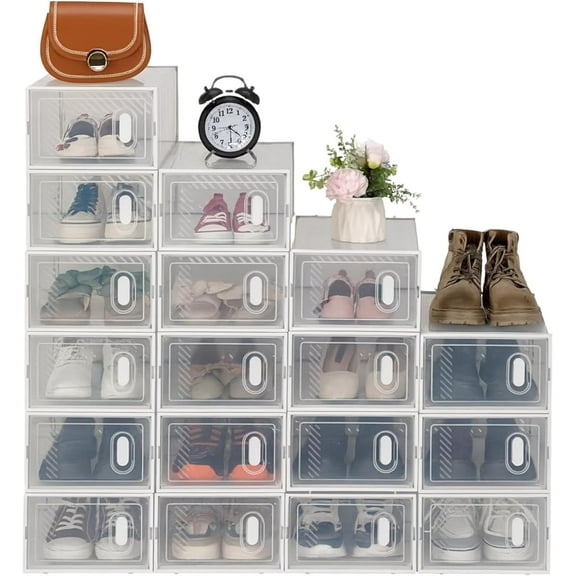 Shoe Storage Boxes 18 Pack Clear Plastic Stackable – White Shoe Organizer Box w/ Door for Closet, Entryway & Bedroom – Foldable Plastic Shoe Cabinet Storage for Men’s & Women’s Shoes (US Size 5–10)