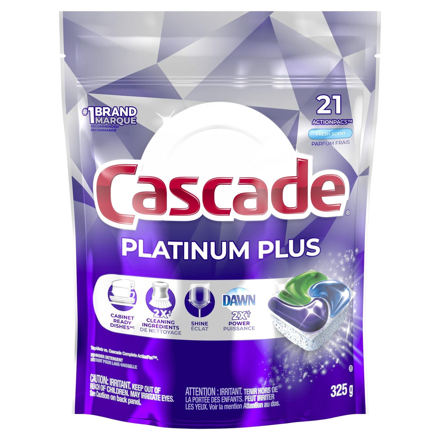 Sachets de détergent pour lave-vaisselle Cascade Platinum Plus ActionPacs, Parfum frais 21CT