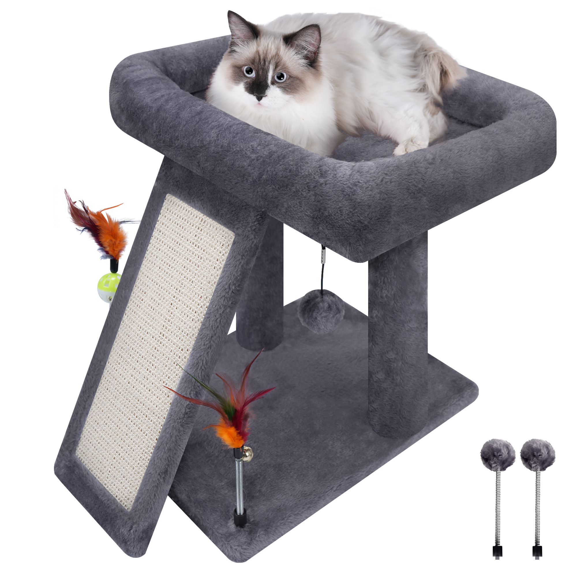 WK 17.7" Cat Tree Tower with Toy Balls and Scratching Board, Grey photo 3