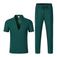 thumbnail image 6 of 2 Piece Waffle Textured Matching Suit for Men Deep V Lapel Polo Shirt Drawstring Waist Straight Leg Pants Wrinkle Resistant Casual Outfit for Weekend Resort Travel Blackish Green L, 6 of 6