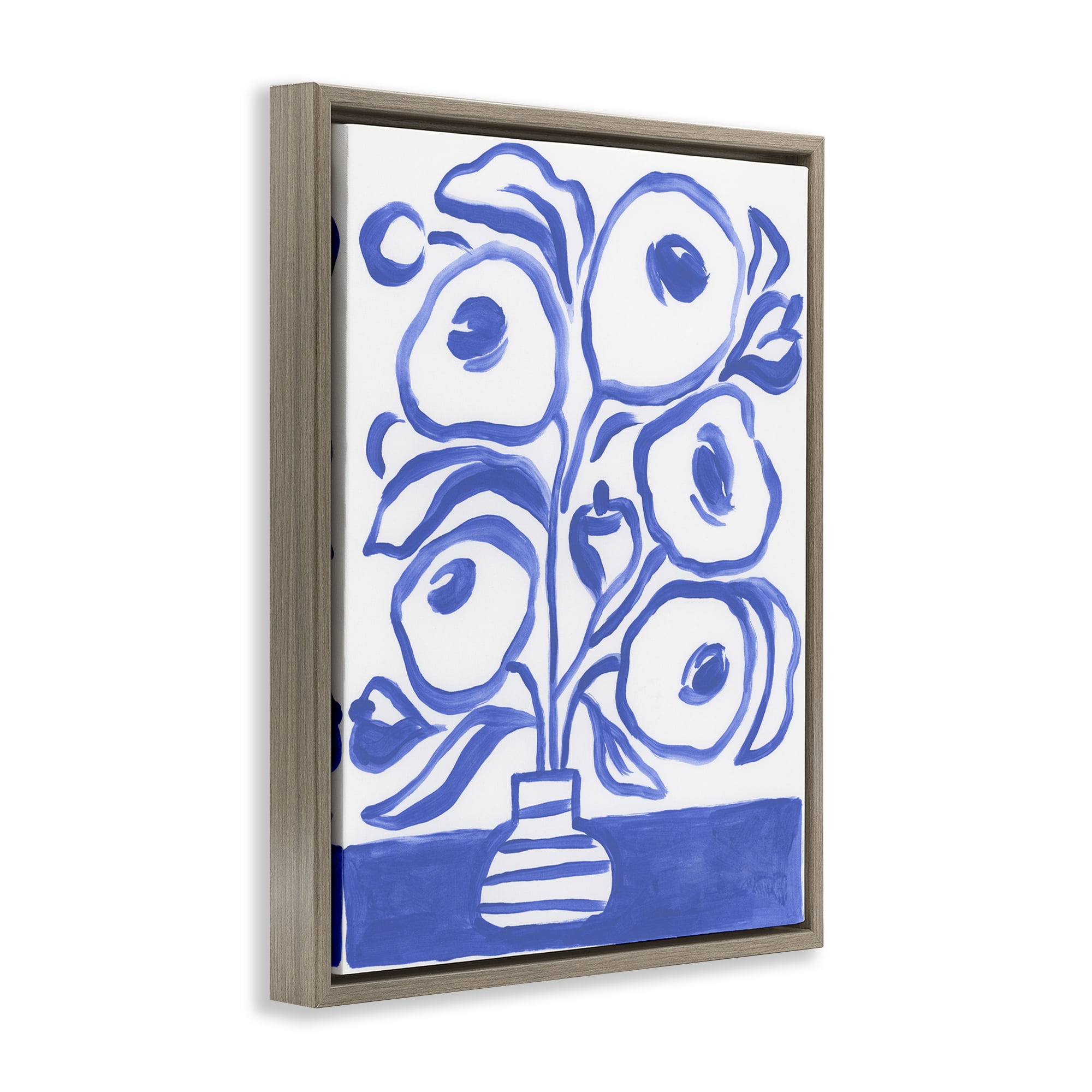 Stupell Industries Modern Blue Vase Botanical & Floral Painting Brown Floater Framed Art Print Wall Art, 17 x 21
