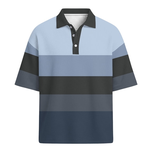 Men's Striped Waffle Polo Shirt Short Sleeve Relaxed Fit Lightweight Casual Sports Top Light Blue L