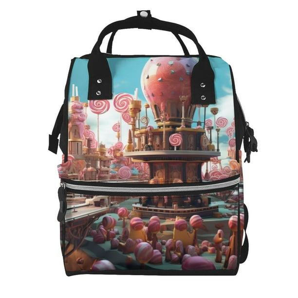 Fotbe fairy-tale-world-with-delicious-candy Mochila Maternidad - Lona de Sarga Impermeable, Mochila de Pañales de Gran Capacidad con Múltiples Bolsillos y Correas Ajustables