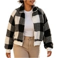 thumbnail image 2 of SZJXBUY Cropped Jacket Women Trendy Plus Size Cozy Plaid Collared Zip Up Jackets Casual Winter Warm Long Sleeve Coats Outerwear Black,XXXXXL, 2 of 6