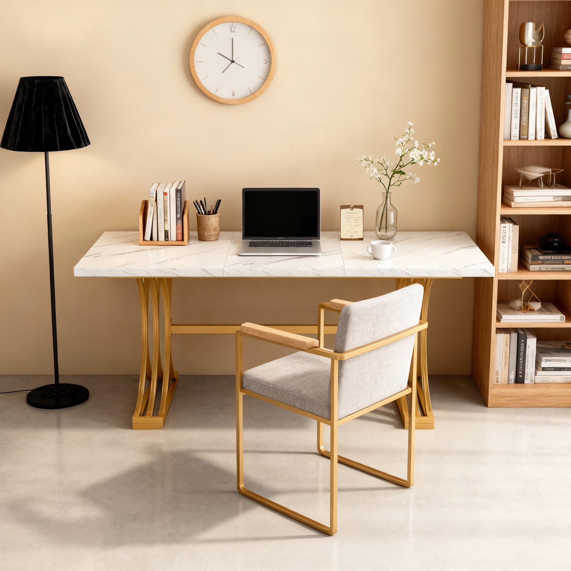KIOOTTO 63" Executive Office Desk, Faux Marble Computer Workstation with Curved X-Frame, White & Gold