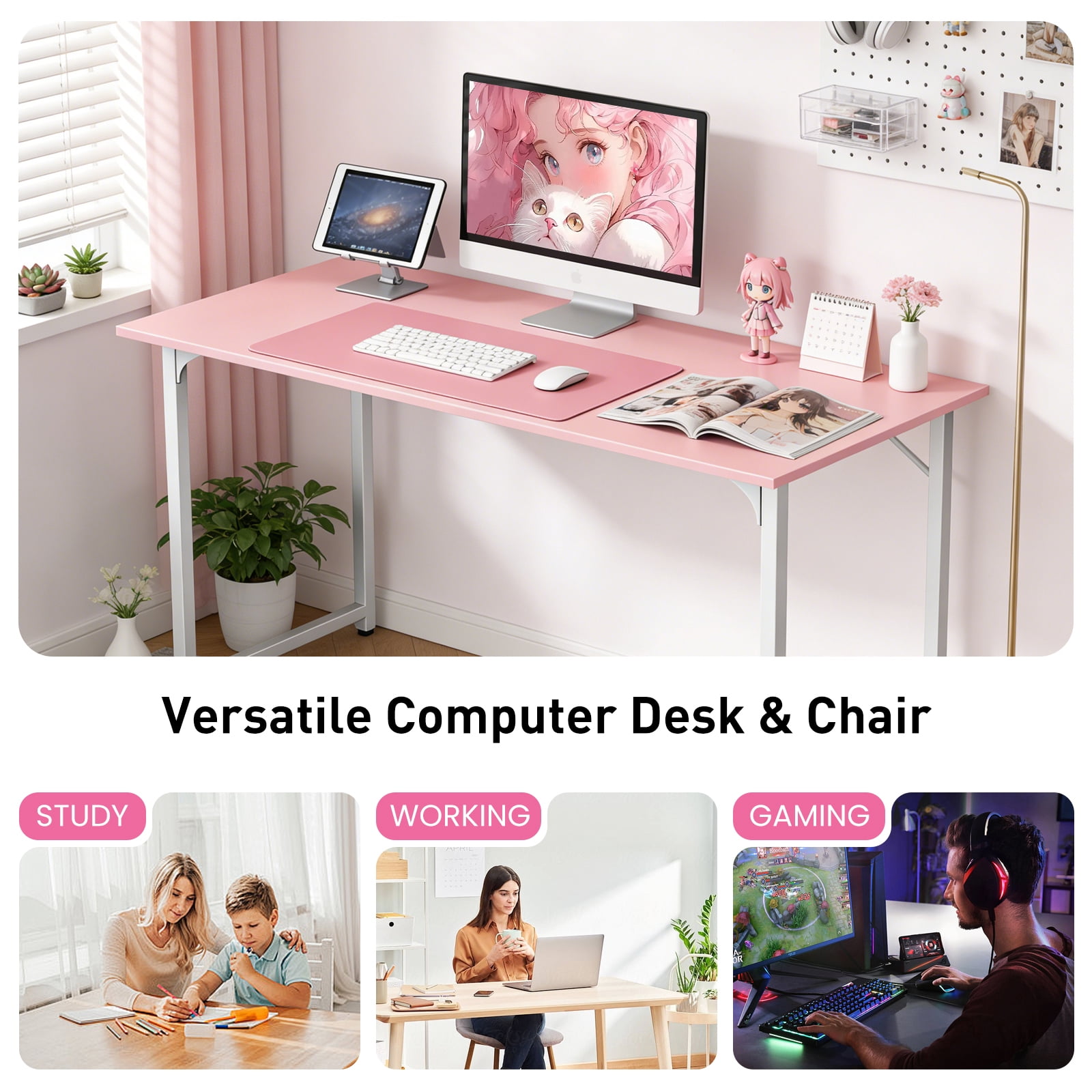 Dkelincs 40 inch Computer Desk and Chair Set Home Office Modern Wood Study Desk & Mesh Ergonomic Height Adjustable Office Chair for Small Spaces, Pink & Black