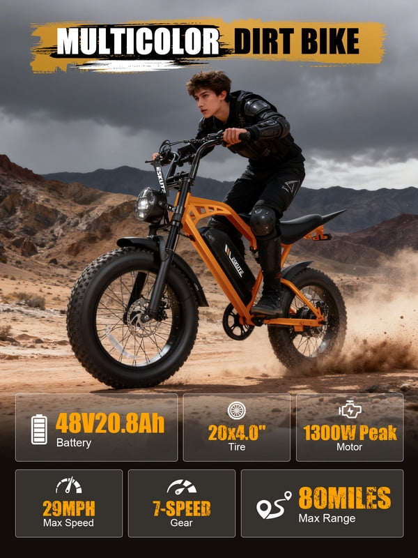 ESKUTE V200 Electric Bike for Adults, Dirt E-Bike with 29MPH 48V20.8Ah Battery 80 Miles,20"x4.0 Fat Tire, NFC Unlock, 7-Speed Dual Suspension, Streamlined Frame, Orange, UL2849