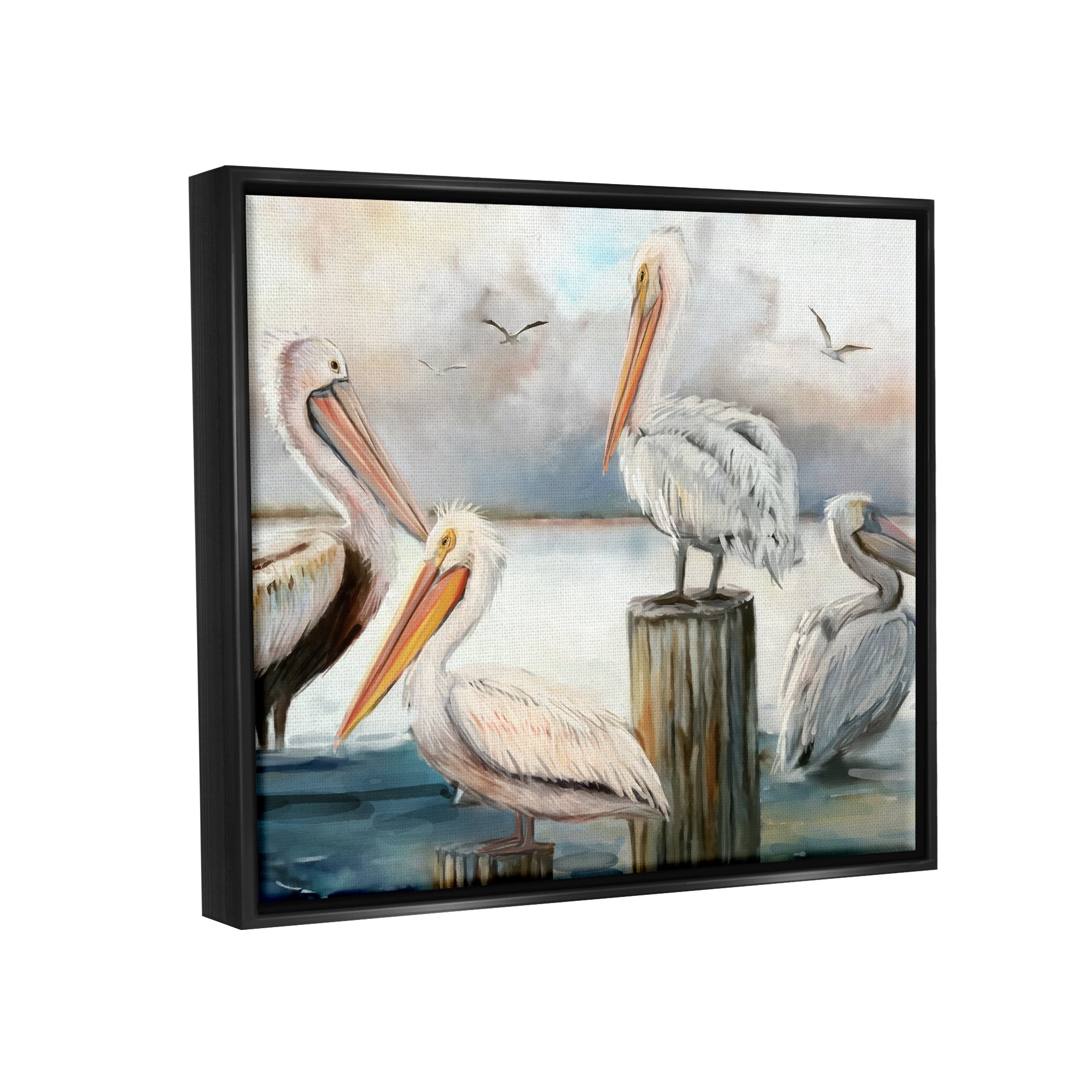 Stupell Industries Pelicans Perched Cloudy Horizon Coastal Painting Black Floater Framed Art Print Wall Art