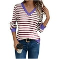 thumbnail image 2 of Womens Striped Long Sleeve Shirts V Neck Business Casual Work Tunic Tops Basic Tees Fall Outfits Purple XL, 2 of 6