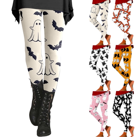 Hkoxplj Halloween Leggings for Women Soft Cotton Blend Printed Pants Stretch High Waist Ghost Bat Pattern Casual Workout Leggings Festival Party Tights All Season Comfortable Athletic Pants