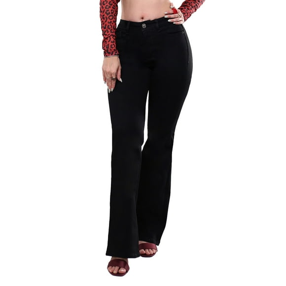Jeans Corte Campana De Gabardina Negro Mujer