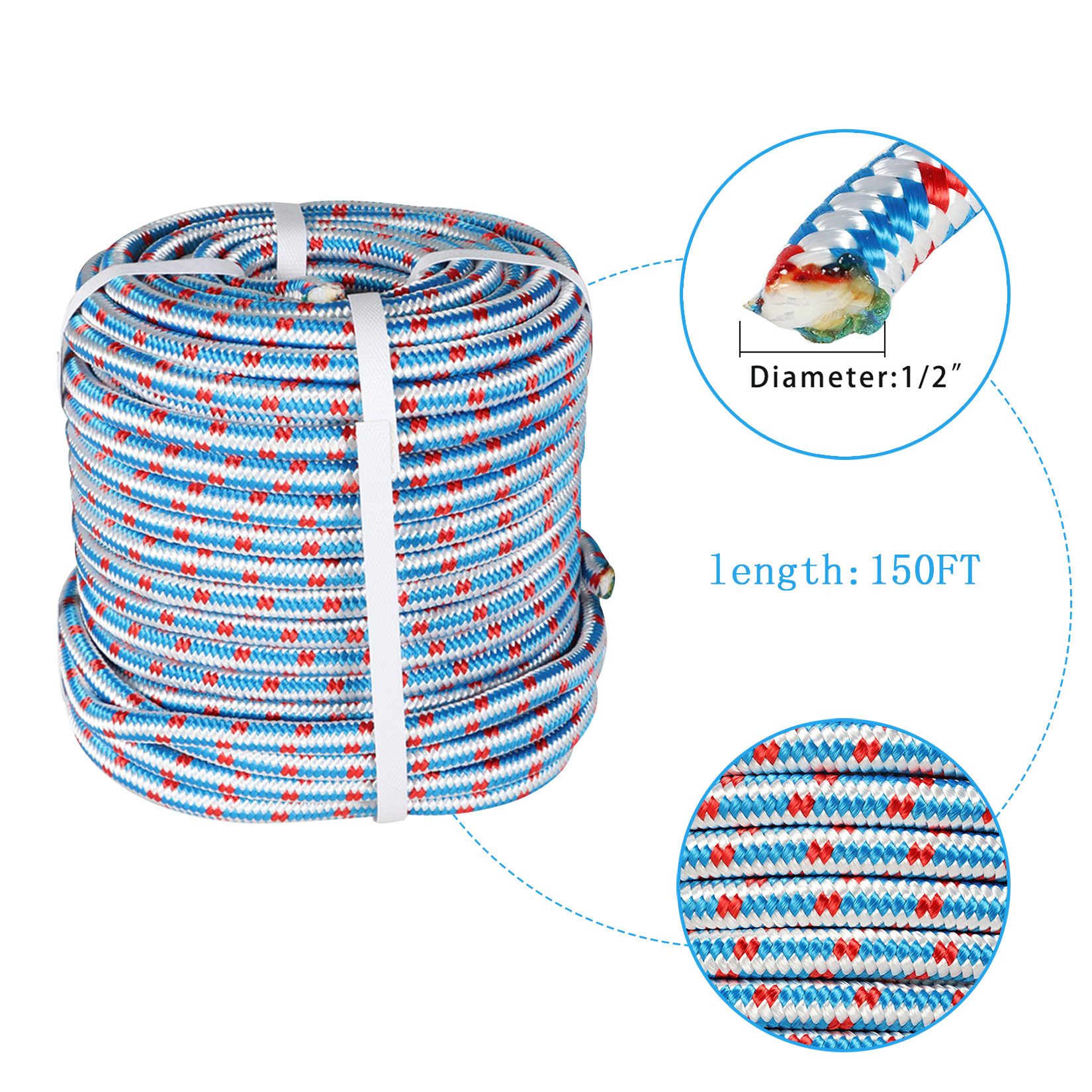 1/2Inch x150FT Arborist Tree Climbing Rope 16 Strand Braided,Blue,White & Red