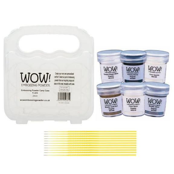 Trebbies Wow! Embossing Powder Bundle - The 6 Essentials Gold Metallic, Silver Metallic, Bright White, Ebony, Clear Regular, Clear Sparkle with Storage Case Detail Sticks