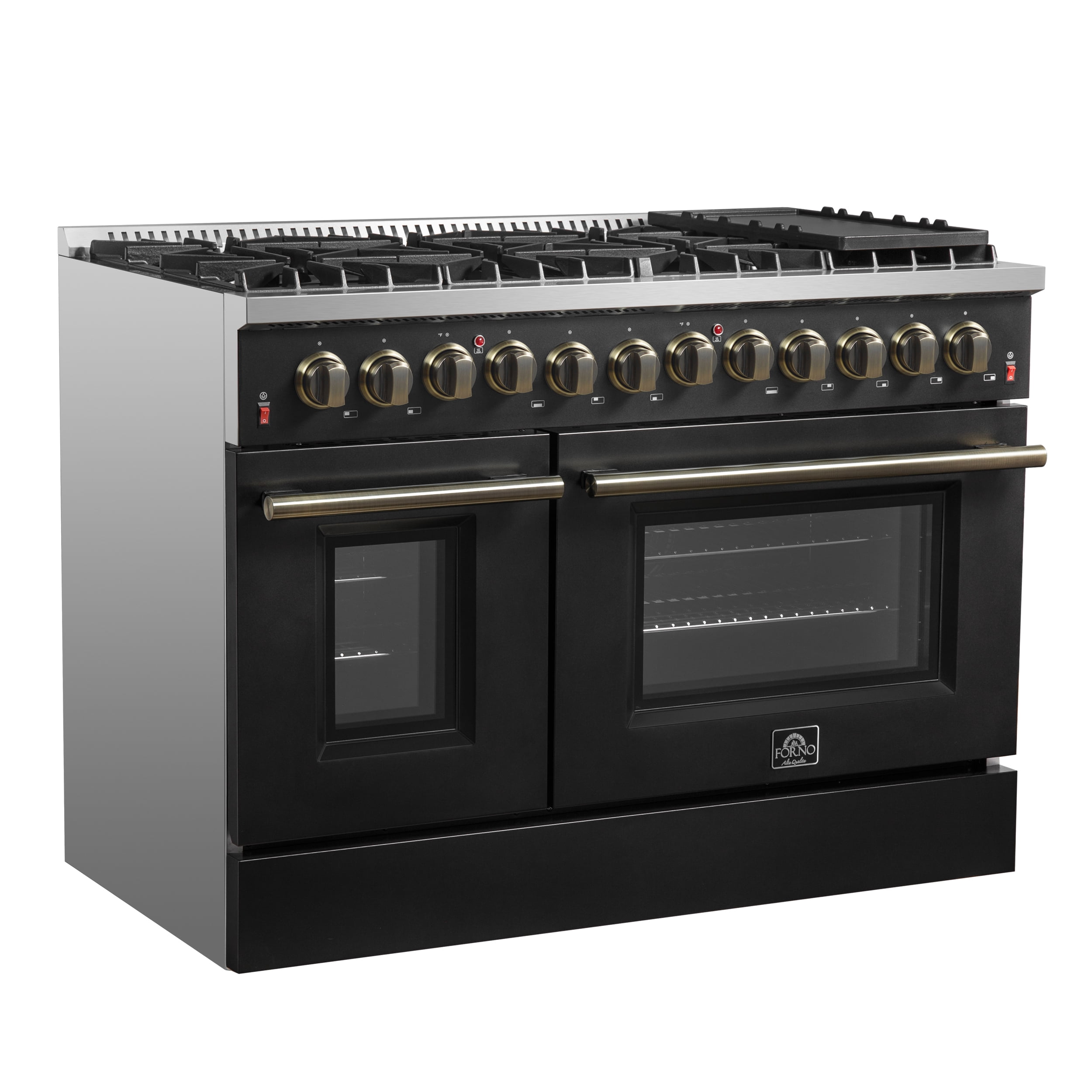 Galiano 48-inch Dual Fuel Range Black  Antique Brass Design with 8 Sealed Burners 107,000 BTU, 6.58 cu. ft. double ovens  Griddle