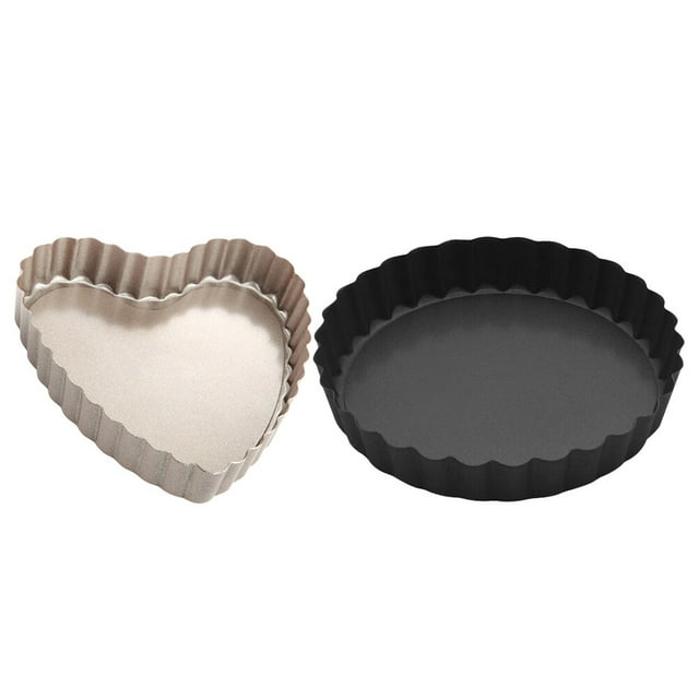 EeaseMX 2 platos para tarta de huevo antiadherentes, ondulados y con forma de corazón dorado y círculo gris negro.