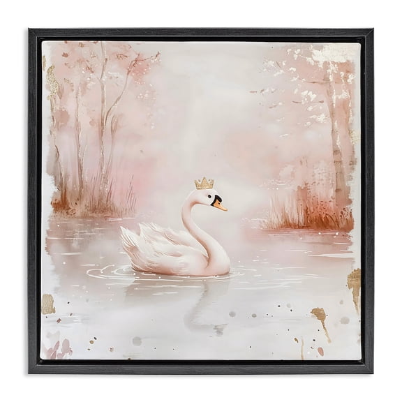 Stupell Industries Glam Swan with Crown in Pastels Black Floating Frame Canvas Art, 18 x 18, by Creative Studio
