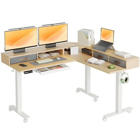INNOVAR Dual Motor 63 L Shaped Standing Desk with 4 Drawers Electric Height Adjustable Standing Desk with Monitor Stand & Splice Board White Frame/Nature Top