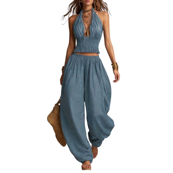 Quixlent Women's Halter Sleeveless Summer 2 Piece Sets, Pleated Ruffle Backless V Neck Top And Wide Leg Pants Matching Outfits