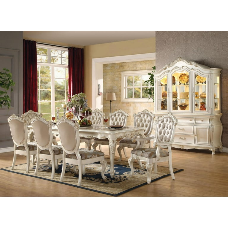Marble and Pearl White Dining Room Set 7 Pcs Acme Furniture 63540