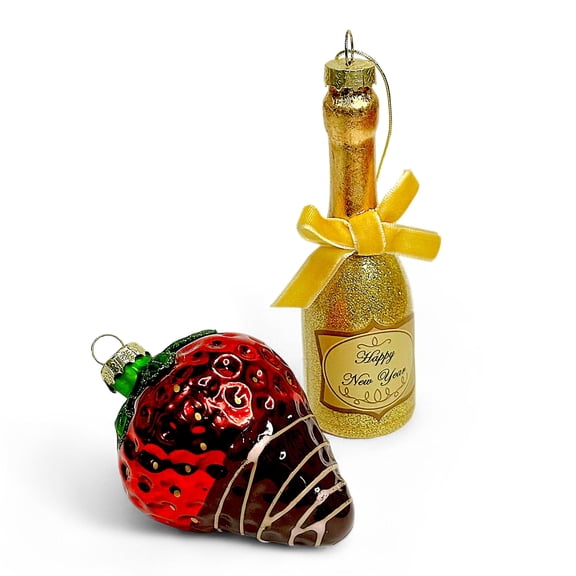 Stp Goods Champagne and Strawberry Glass Christmas Ornament Set of 2 Hand-Painted Christmas Tree Ornament Christmas Tree Hanging Decorations, Red and Gold