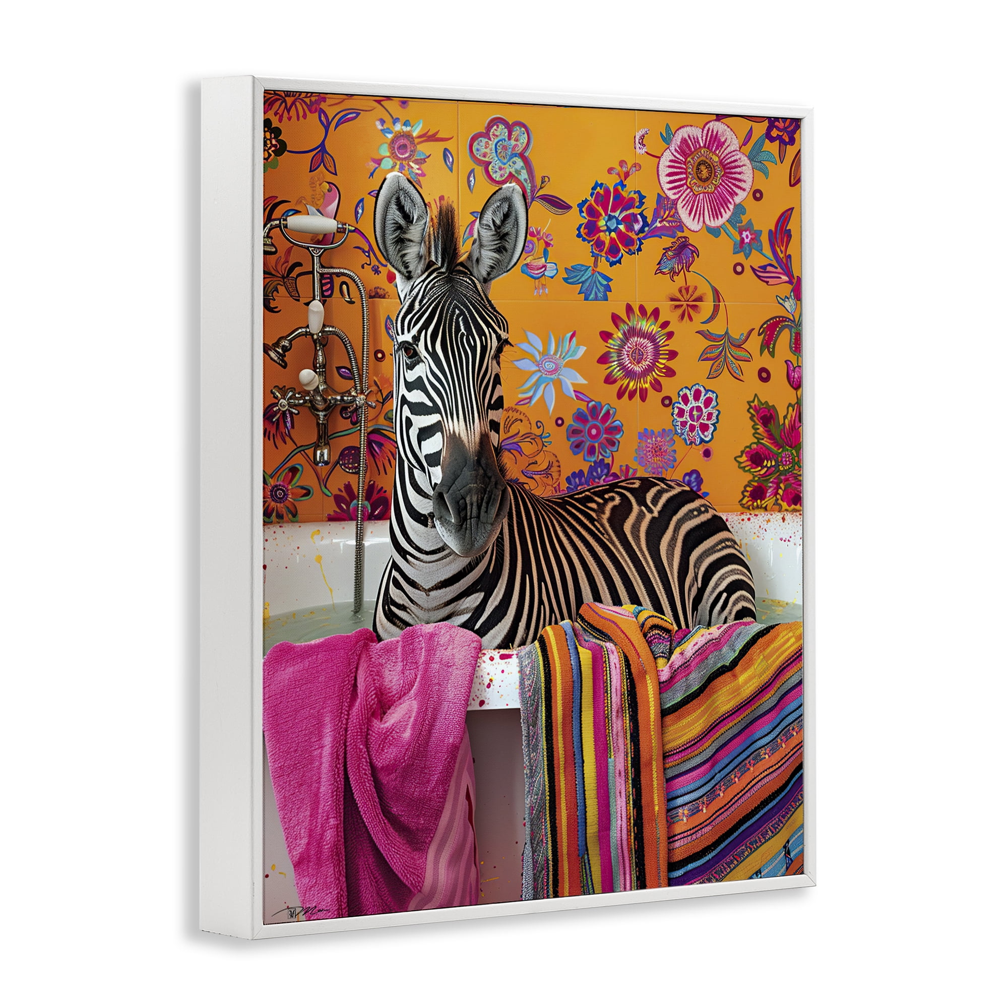 Zebra Bath with Colorful Towel White Framed Giclee Art, design by Momart
