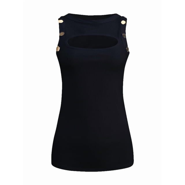 Women'S Solid Color Button Trim Round Neck Sleeveless Ribbed Tank Top Casual Vest