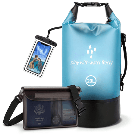 DAKOMM Dry Bags Waterproof, 20L Double Straps Dry Bag with Waterproof Fanny Pack and Phone Case, Dry Storage Bag Backpack W/ Roll Top Lightweight for Swimming Boating Kayaking Board Beach Accessories