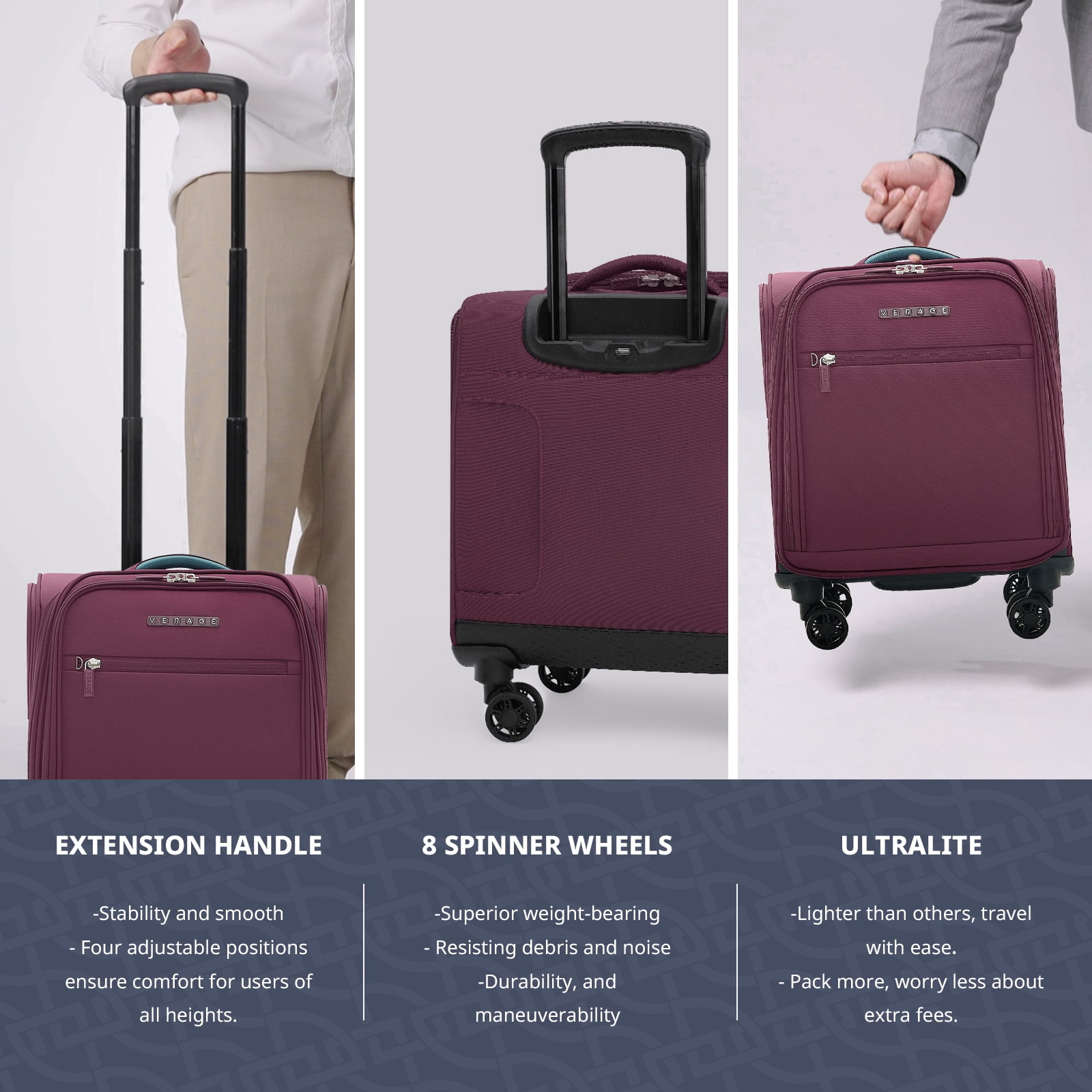 VERAGE Underseat Carry on Luggage with spinner Wheels & USB Port,Bag for Airlines, Lightweight Suitcase for Men Women, Pilots and Crew ,Grape red (14-Inch Plus)