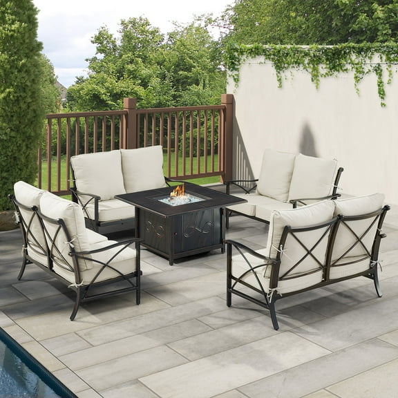 Black Aluminum Fire Table Set with Four Deep Seating Loveseat with Cushions