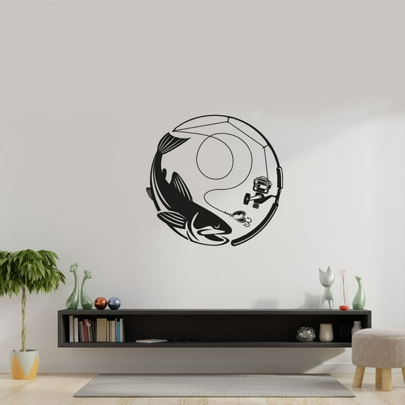 Beautiful Fish And Fishing Rod Silhouette Fish Hook Fisher Recreational Fishing Hobby Vinyl Wall Sticker Wall Art Wall Decal Boys Girls Kids Decor Bedroom Home Decoration Size (30x40 inch)