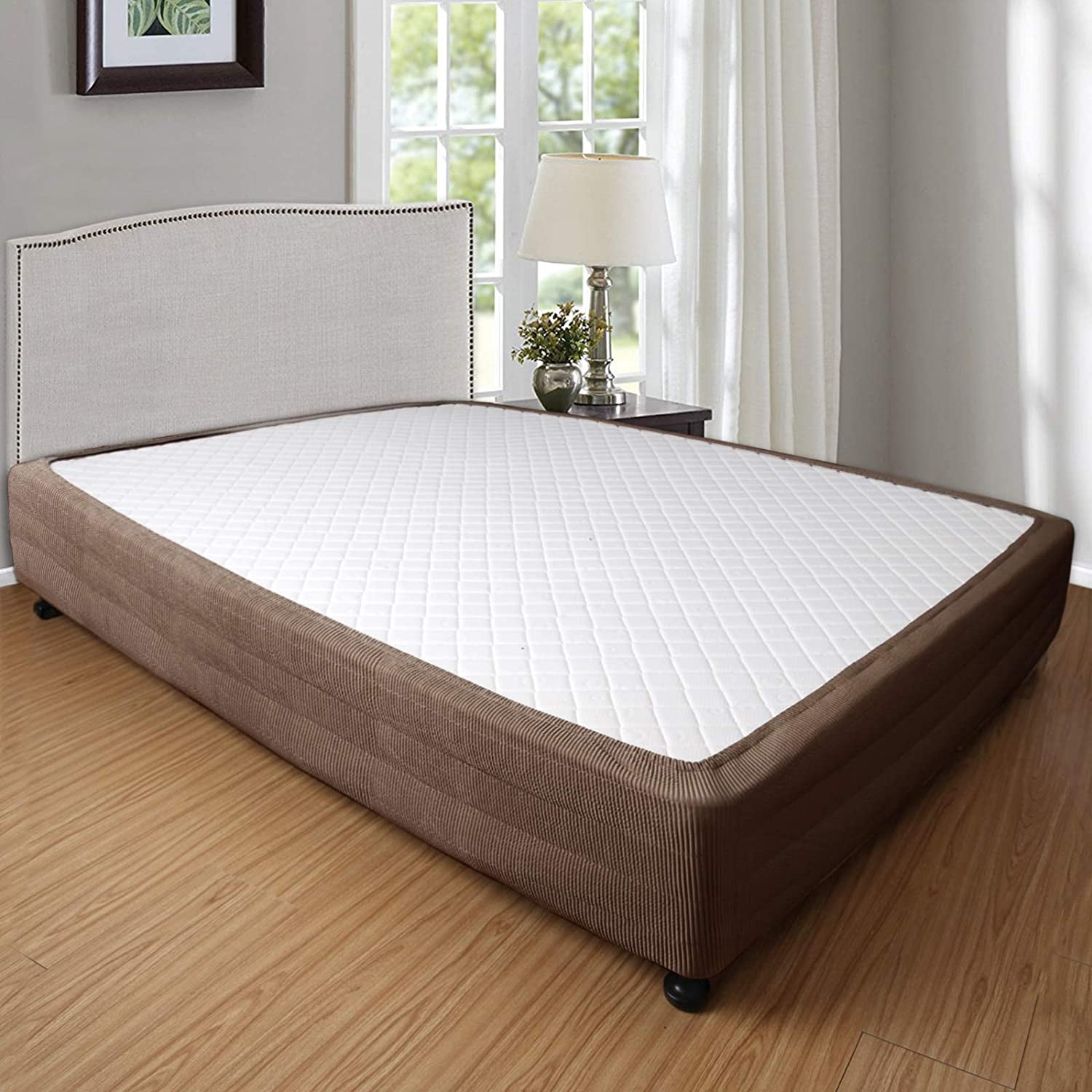 Marquess Box Spring Cover-Wrap Around Elastic.Vertical Stripe Pattern Bed Skirt Alternative.15"Drop Length Mocha King