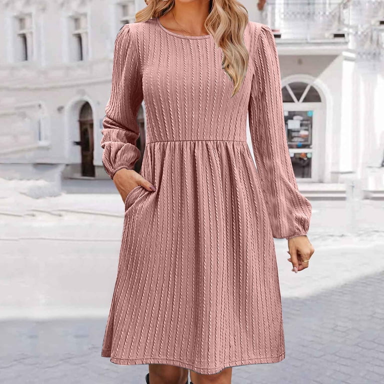 yillto Elegant A-Line Dress for Women Midi Round Neck Long Sleeve Dresses  Trendy Cute Casual Dresses - Walmart.com