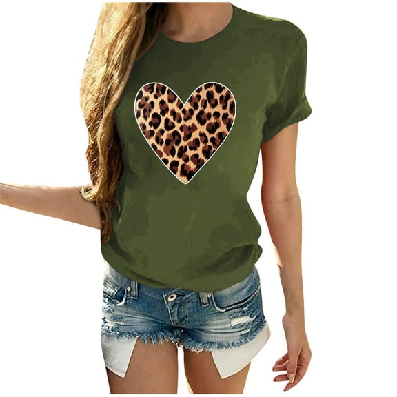 Valentine's Day T Shirt Women Sexy Leopard Heart Print Tees Cute Holiday Short Sleeve Crewneck Tops