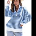 thumbnail image 3 of Suéter de Punto Acanalado de Larga con Media Cremallera A Rayas para Mujer, Tops Casuales, Cómodos y Ligeros, Moda de Otoño Azul S, 3 of 10