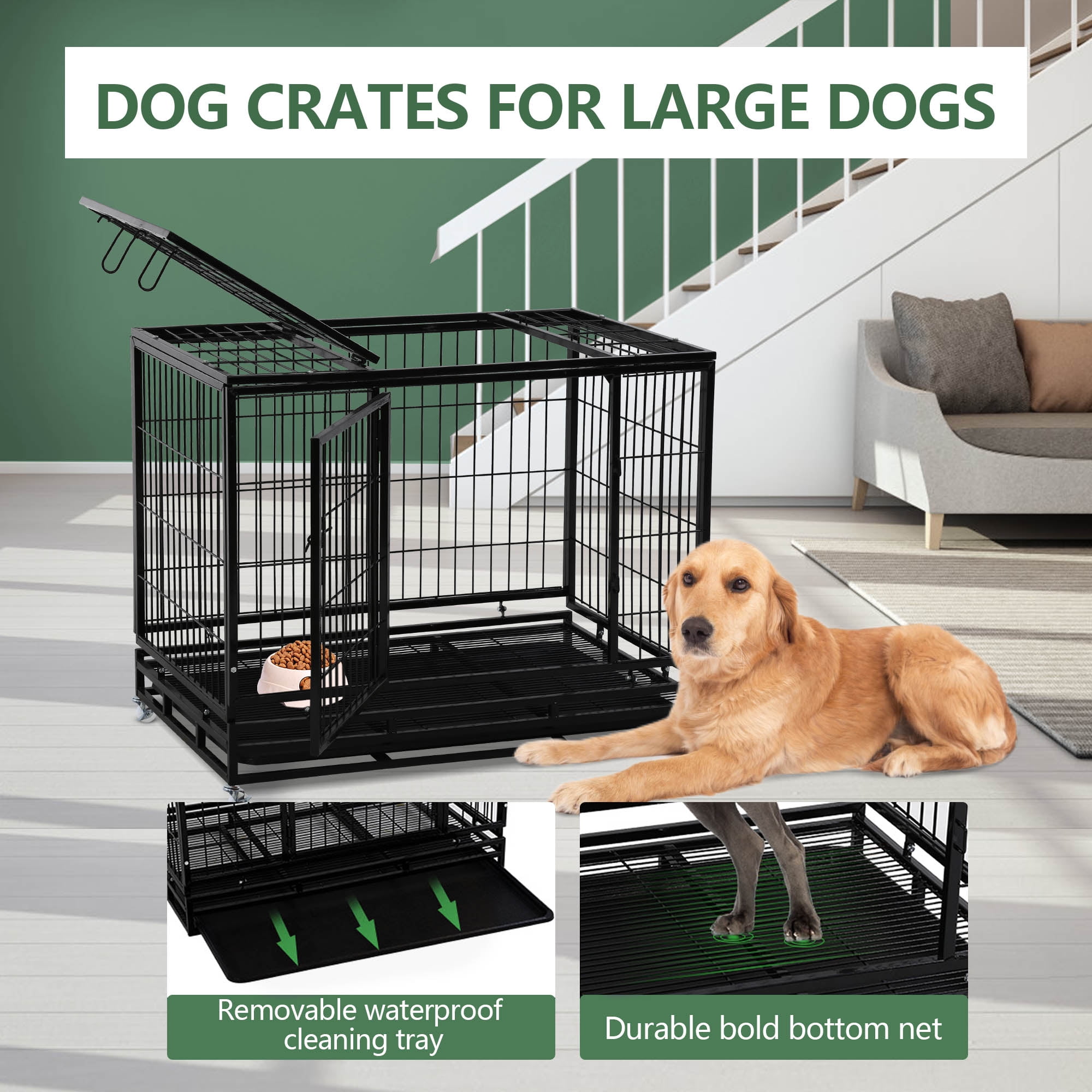 CL.HPAHKL 42 Inch Dog Crate, Heavy Duty Dog Kennel with Lockable Wheels Wire Dog Crate with Double-Door,Divider Panel, Removable Tray Indestructible Dog Crates Dog Cage for Large Medium Dogs, Black