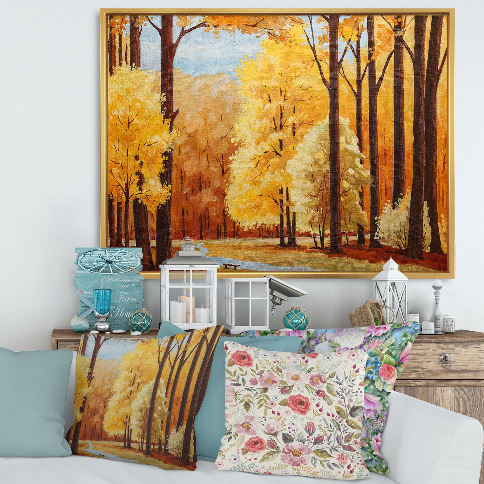 Designart 'Orange Autumn Trees At Sunrise' Farmhouse Framed Canvas Wall Art Print