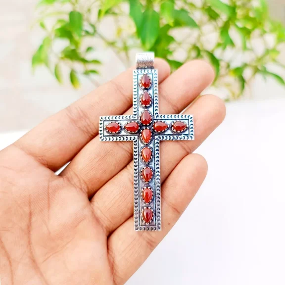 Carnelian Cross Pendant 925 Sterling Silver Polished Handmade Gemstone Jewelry 2.83"