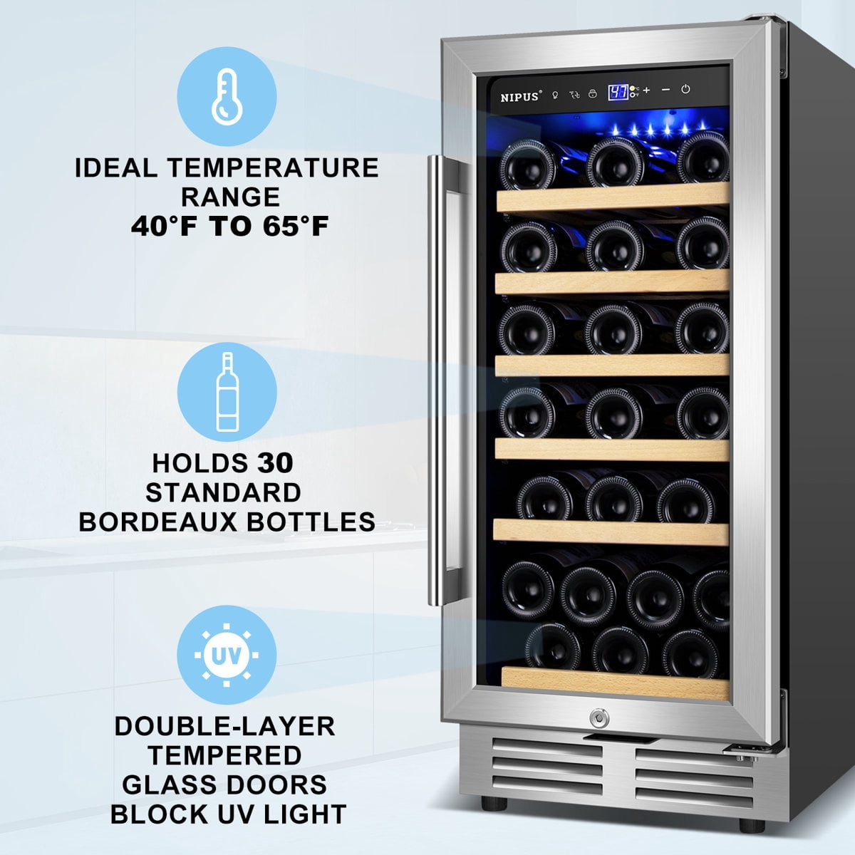 15 Inch 30 Bottle Wine Refrigerator Mini Wine Cooler Built-in and Freestanding with Built-In Light