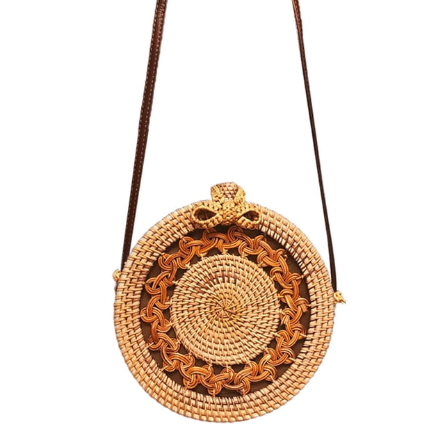 Bolso de ratán redondo para mujer - Bolso de hierba de ratán hecho a mano - Bolso de playa bandolera de ratán redondo