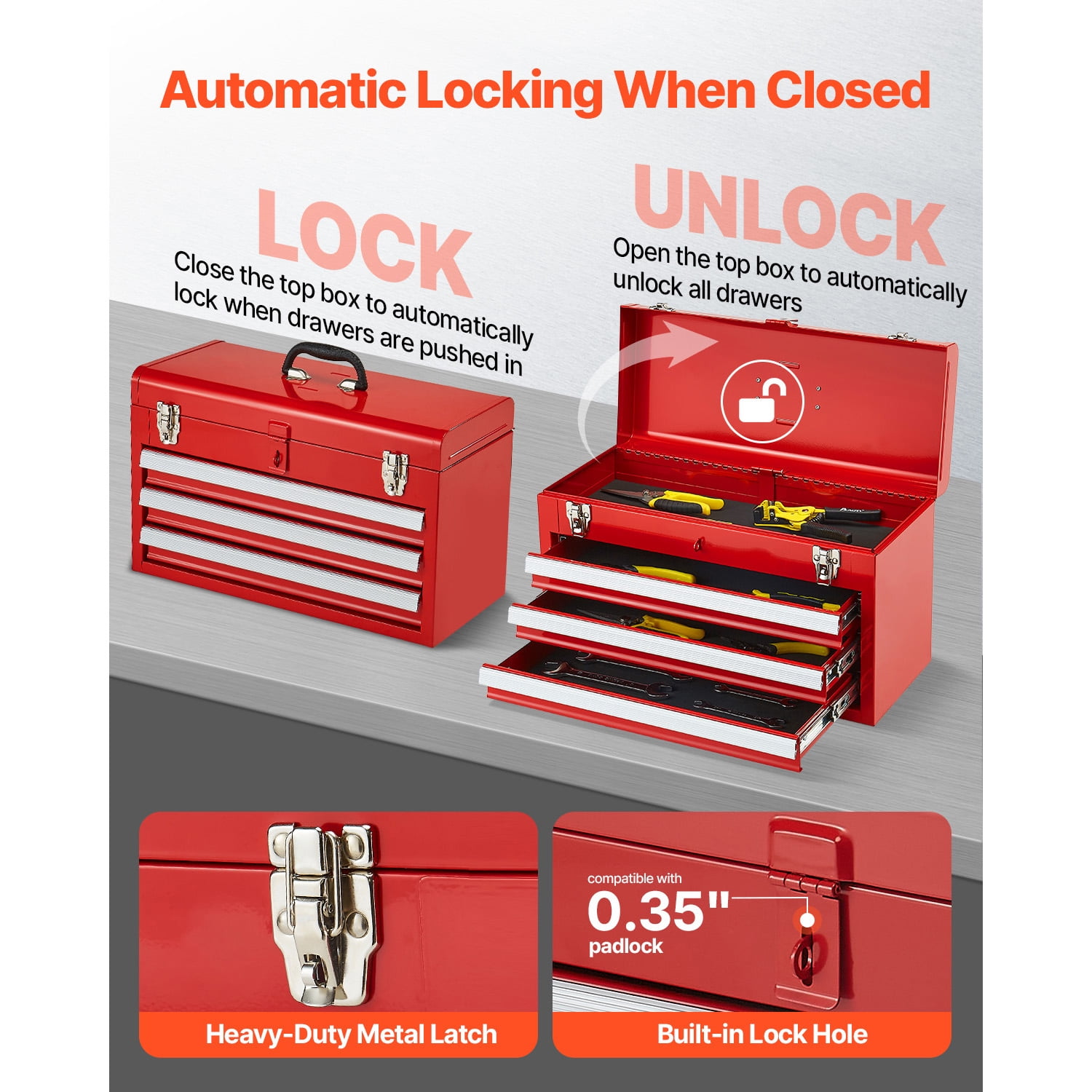 KFFKFF 20.5-Inch Portable Metal Tool Box with 3 Drawers, Small Tool Chest Featuring EVA Liners, Ball-Bearing Slides, Lockable Design, and Powder-Coated Finish, Red Multi-Purpose Organizer