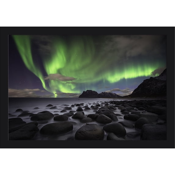 Rocky Coast & Northern Lights - Lantern Press Photography (24x16 Giclee Art Print, Gallery Framed, Black Wood)