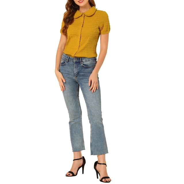 INSPIRE CHIC Chemise Douce pour Femme Vintage à Col Poupée Doux Boutonnée S Gingembre