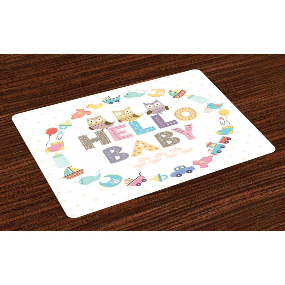 Baby Shower Placemats Set of 4 Hello Baby Quote with Kids Elements and