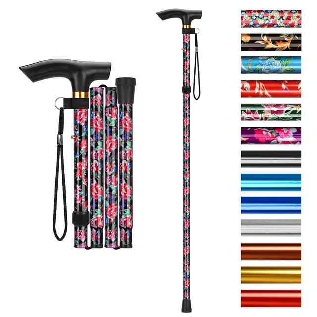 Bastón plegable Supregear, ajustable en 5 niveles de altura, ligero, plegable, portátil, de viaje, con correa para la muñeca y mango en T, para personas mayores, hombres y mujeres con discapacidad, co